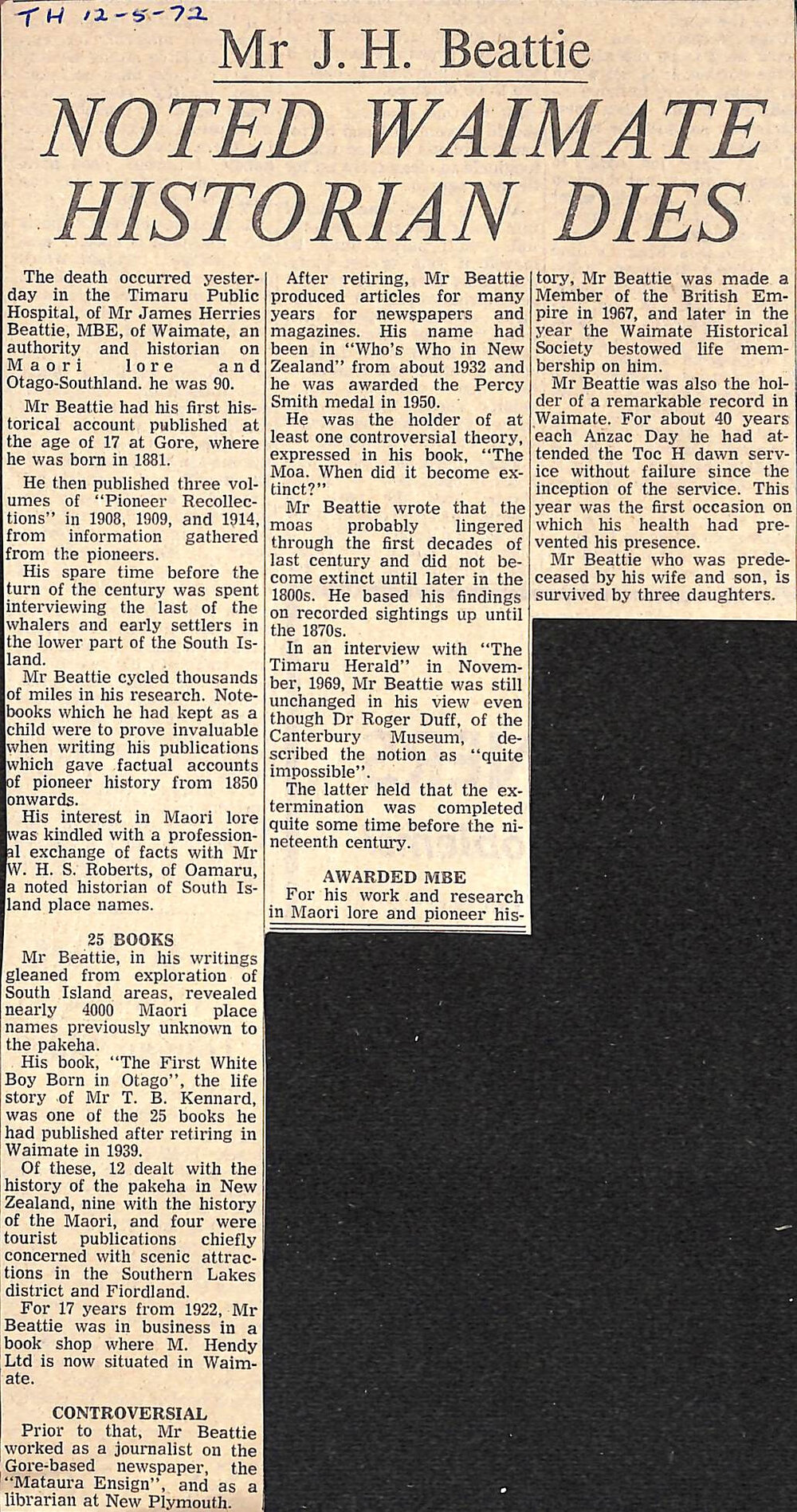 Mr J H Beattie: Noted Waimate Historian Dies