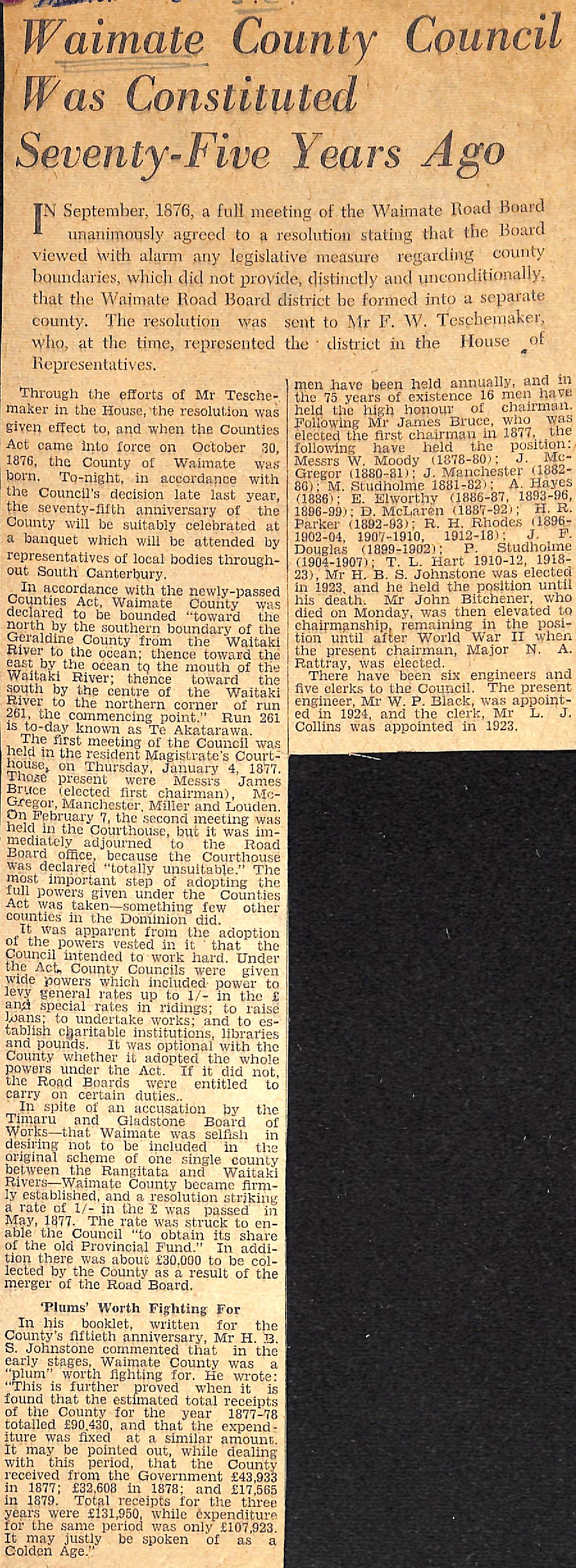 Waimate County Council Was Constituted Seventy-Five Years Ago