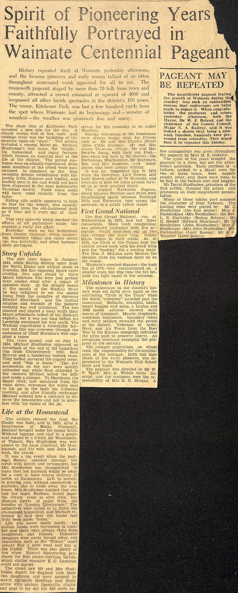 Spirit of Pioneering Years Faithfully Portayed in Waimate Centennial Pageant