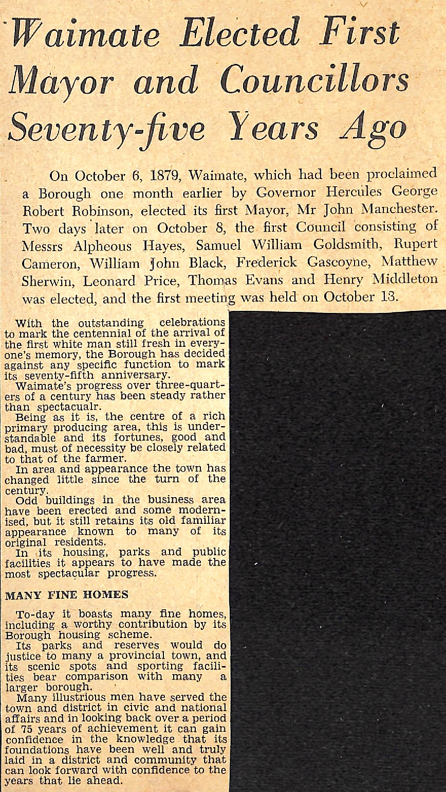 Waimate Elected First Mayor and Councillors Seventy-five Years Ago