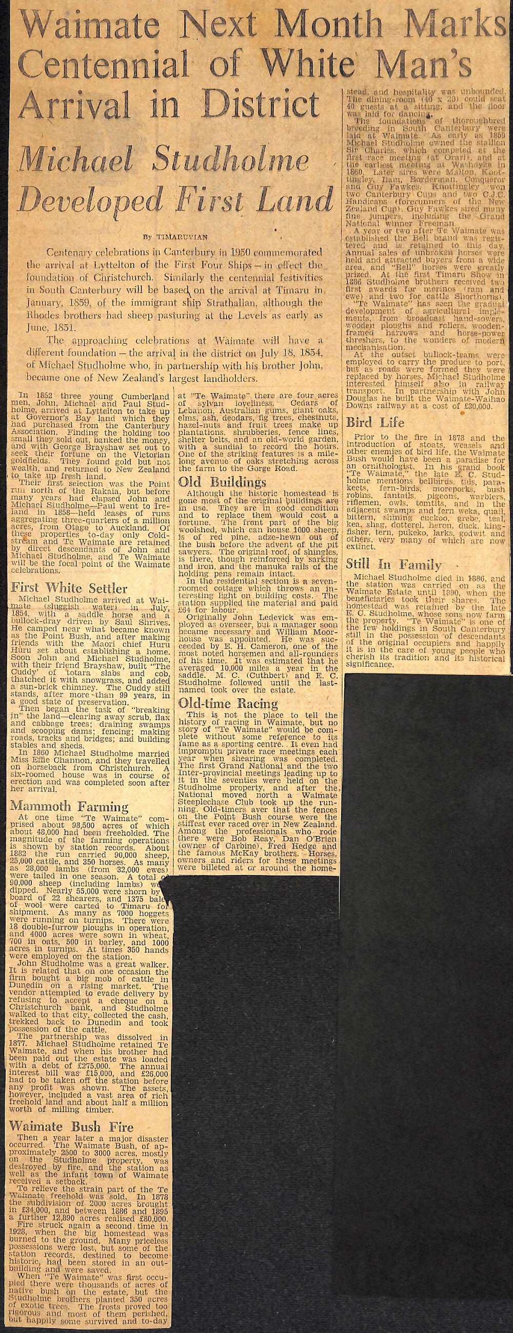 Waimate Next Month Marks Centennial of White Man's Arrival in District