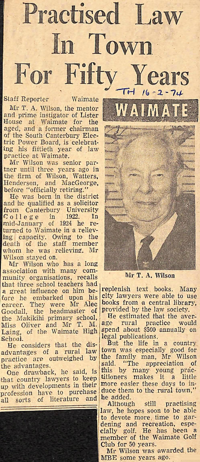 Waimate: Practised Law In Town For Fifty Years