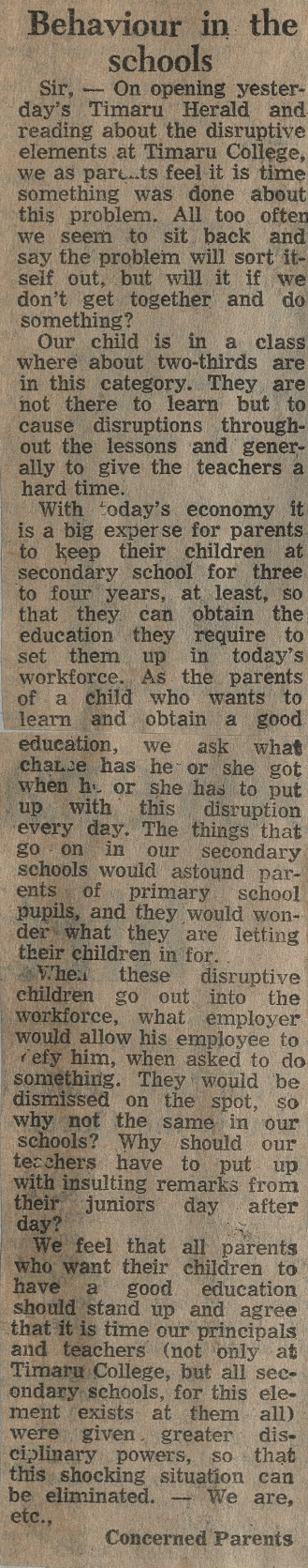 Letter to the Editor: Behaviour in the schools