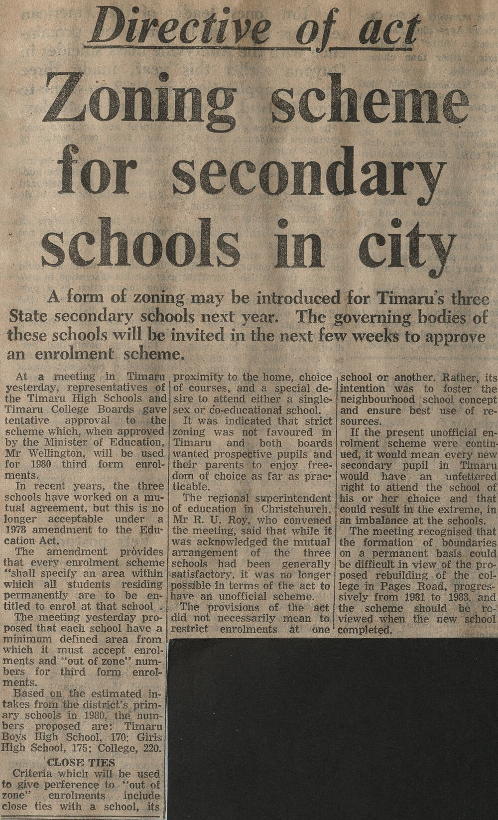 Directive of act: Zonings scheme for secondary schools in city
