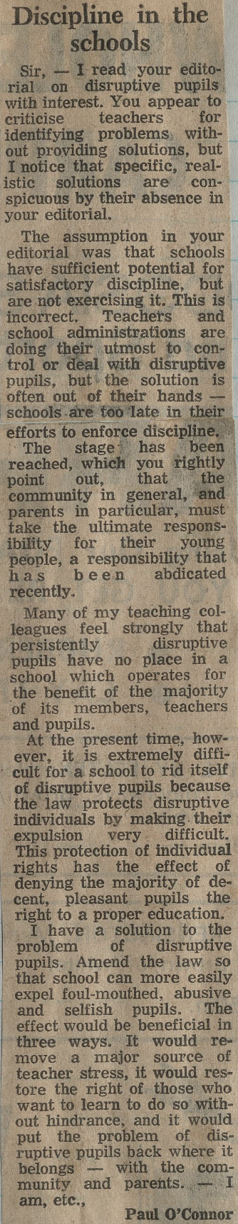 Letter to the Editor: Discipline in the schools