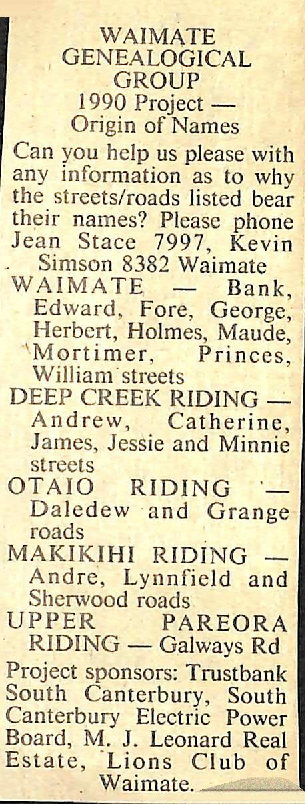 Waimate Genealogical Group 1990 Project - Origin of Names