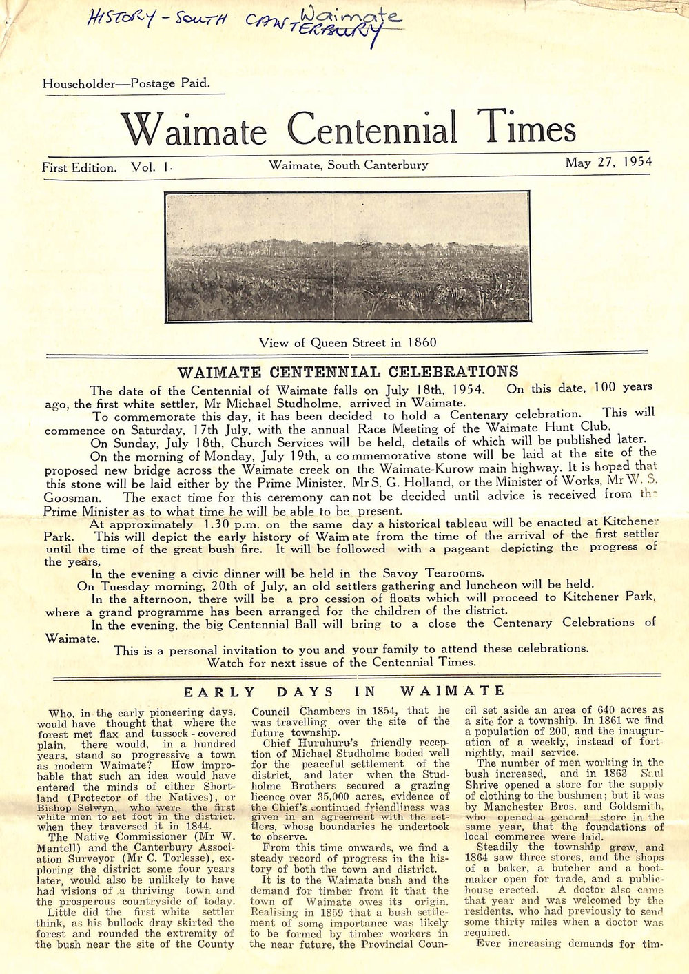 Waimate Centennial Times First Edition Vol. 1