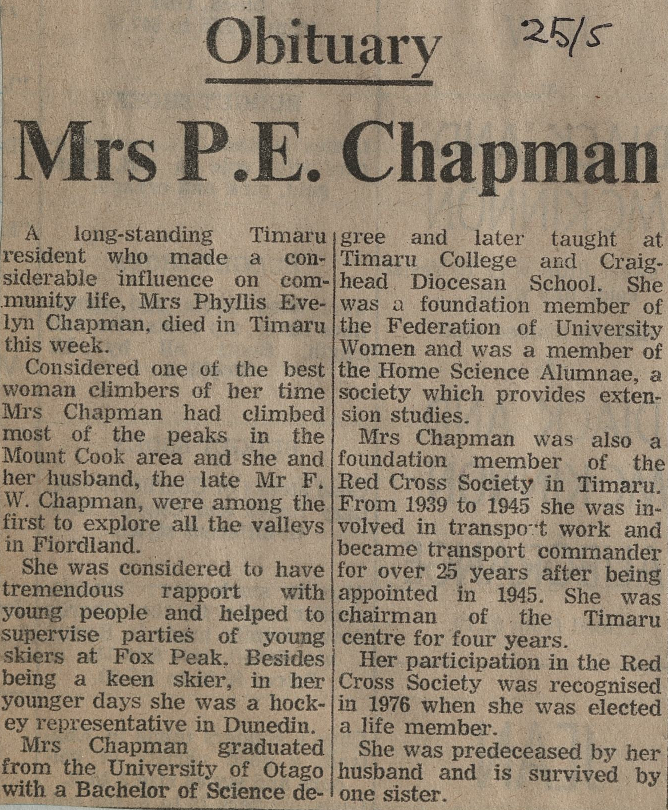 Obituary: Mrs P E Chapman
