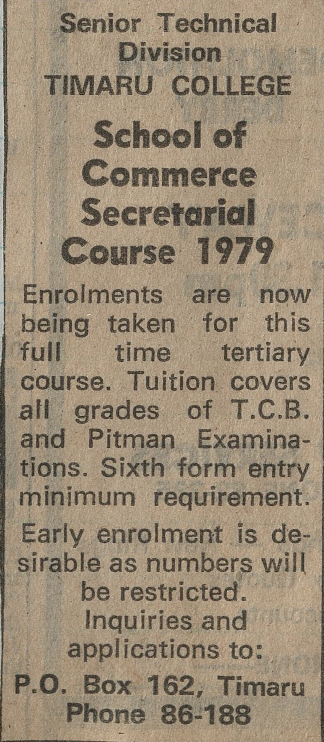 Senior Technical Division Timaru College: School of Commerce Secretarial Course advertisement