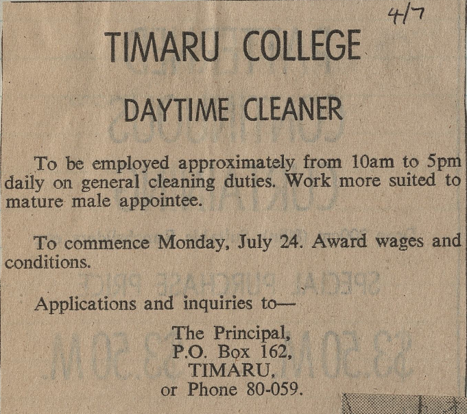 Timaru College Daytime Cleaner advertisement