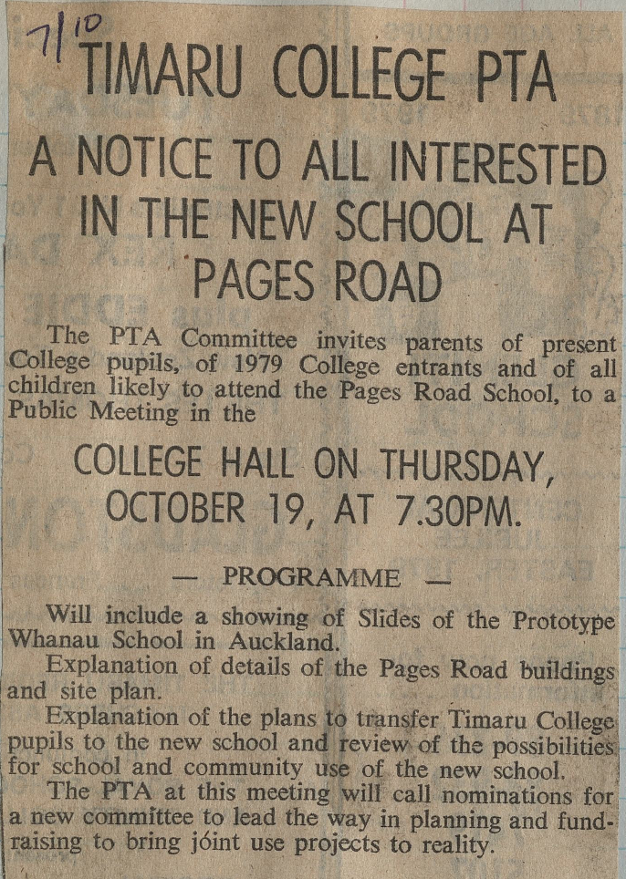 Timaru College PTA notice to all interested in the new school at Pages Road