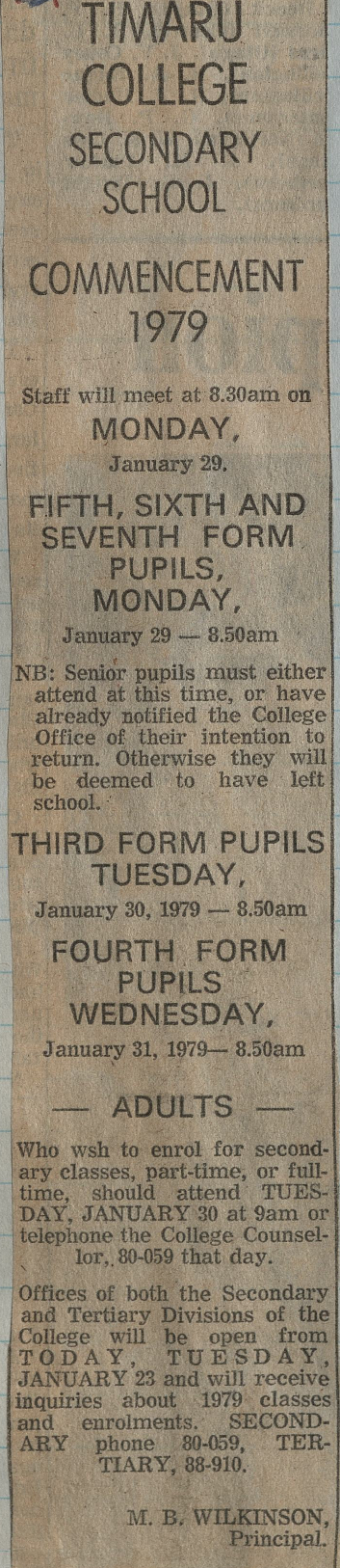 Timaru College Secondary School Commencement 1979