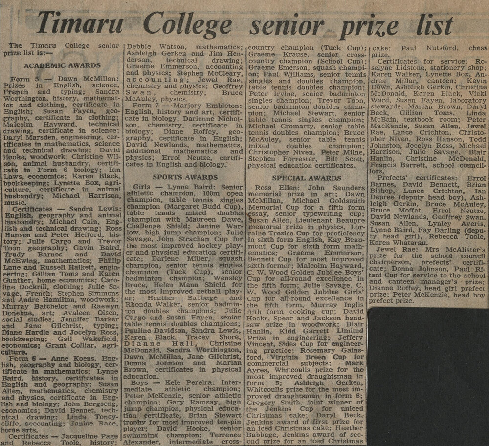 Timaru College senior prize list