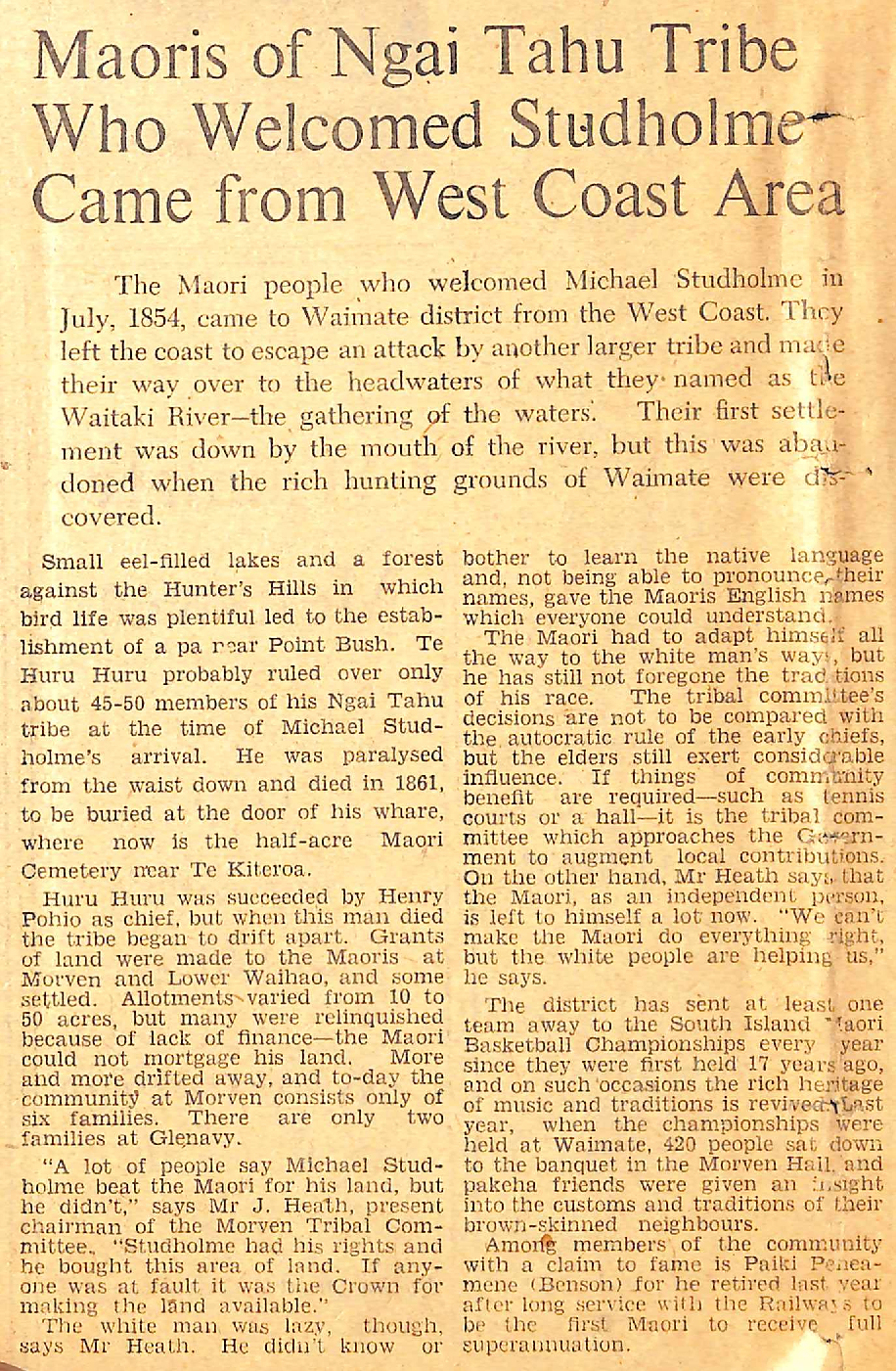 Maoris of Ngai Tahu Tribe Who Welcomed Studholme Came From West Coast Area