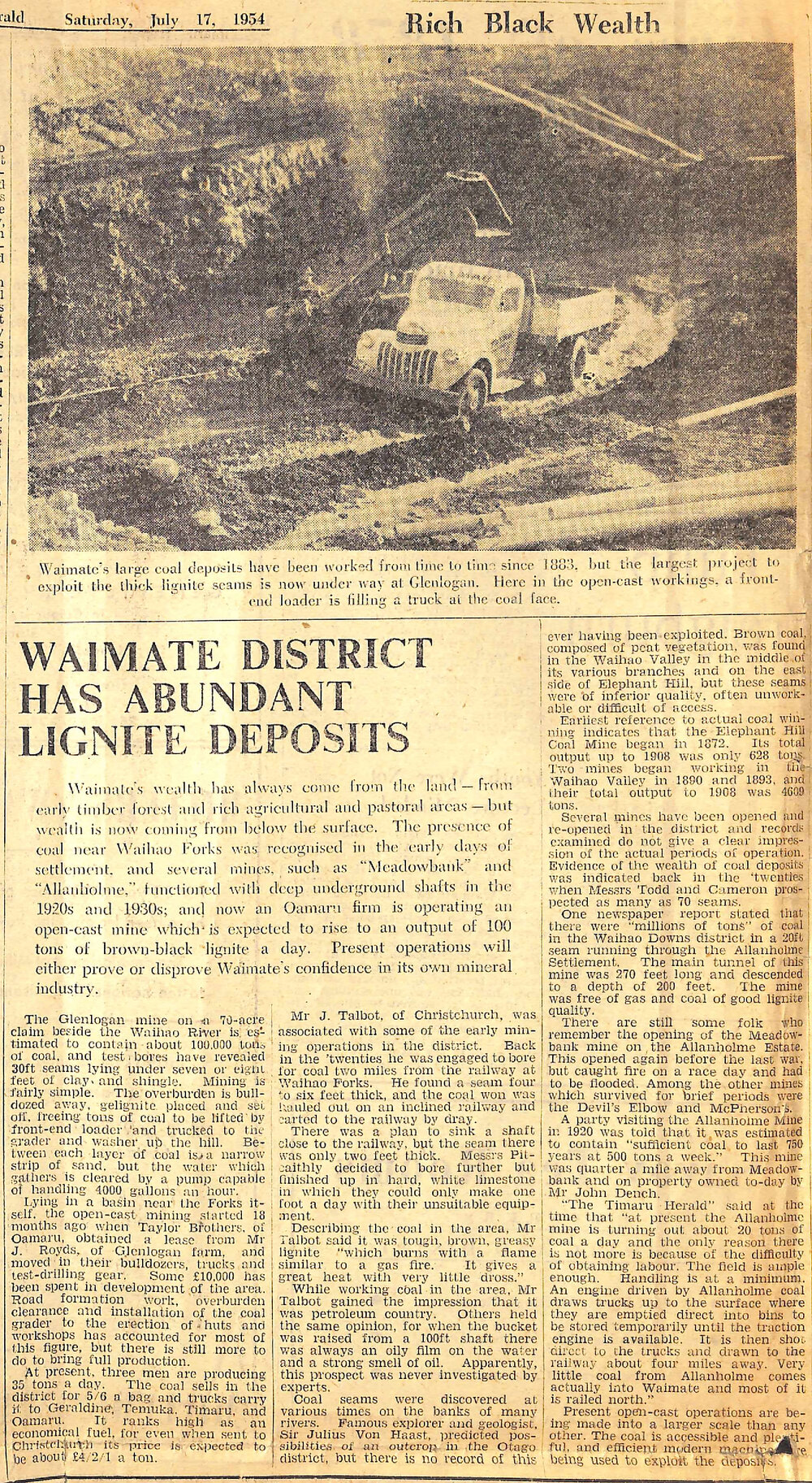 Waimate District Has Abundant Lignite Deposits