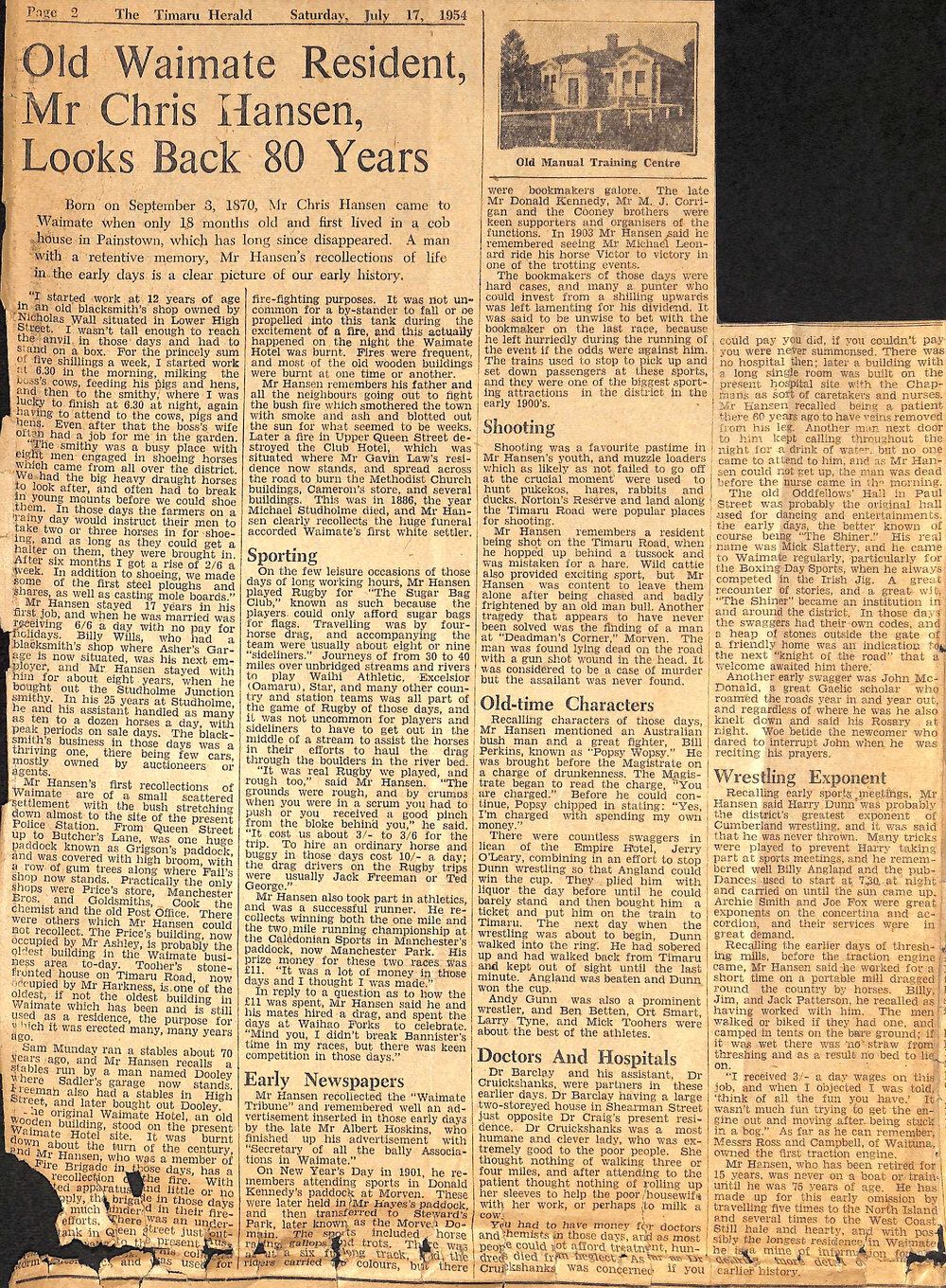 Old Waimate Resident, Mr Chris Hansen Looks Back 80 Years