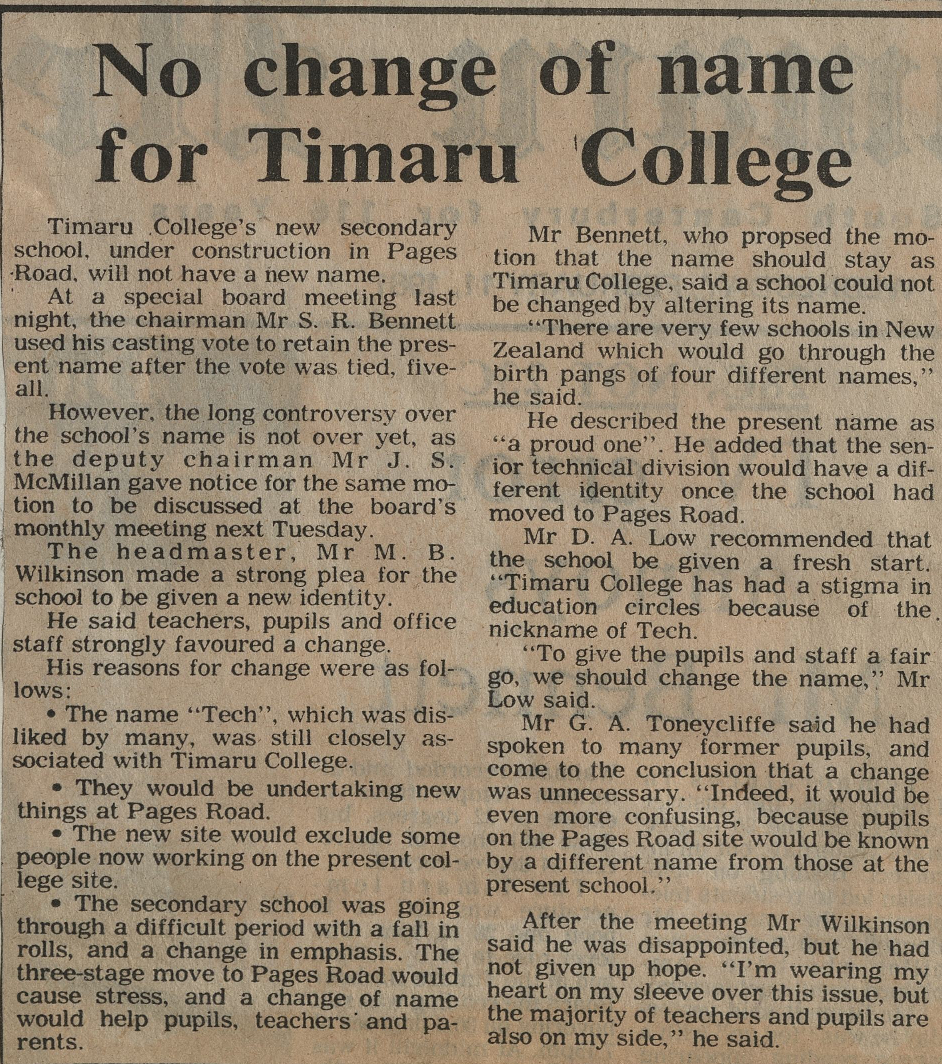 No change of name for Timaru College