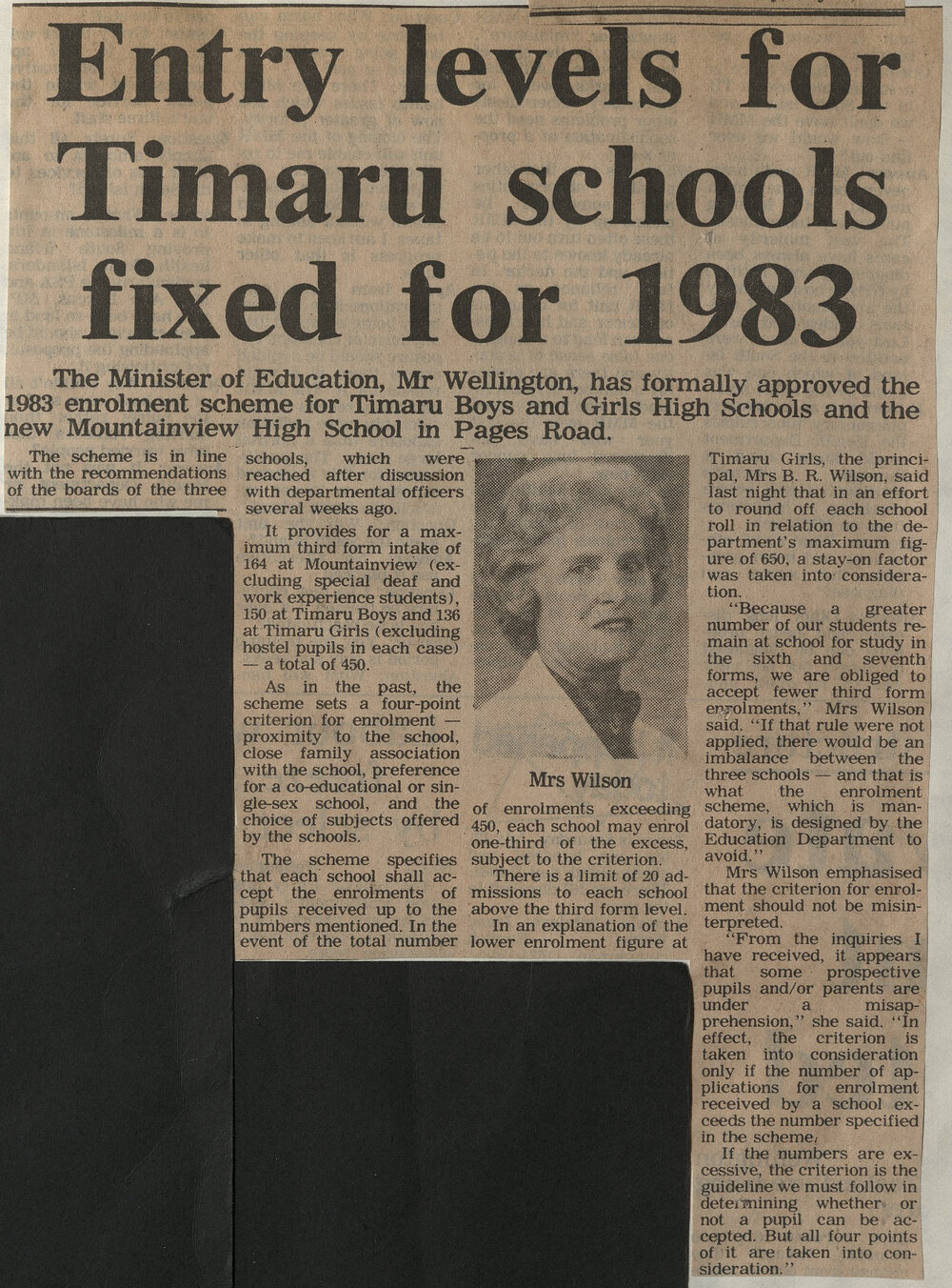 Entry levels for Timaru schools fixed for 1983