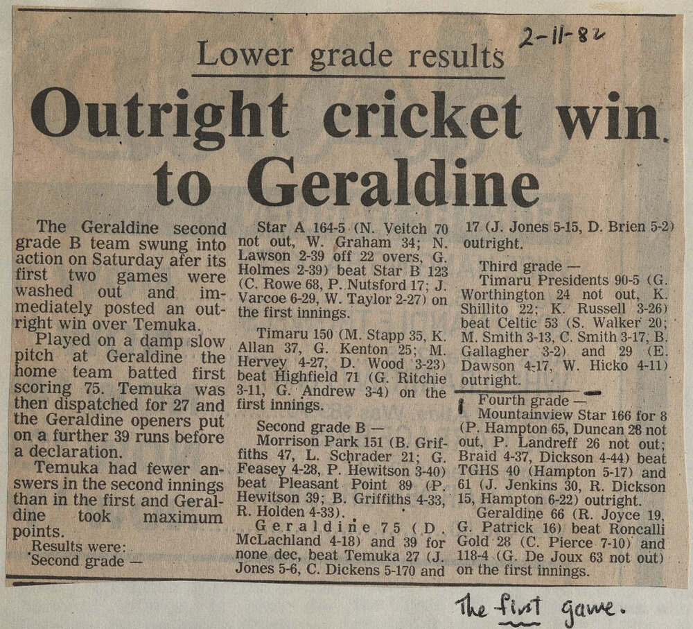 Lower grade results: Outright cricket win to Geraldine