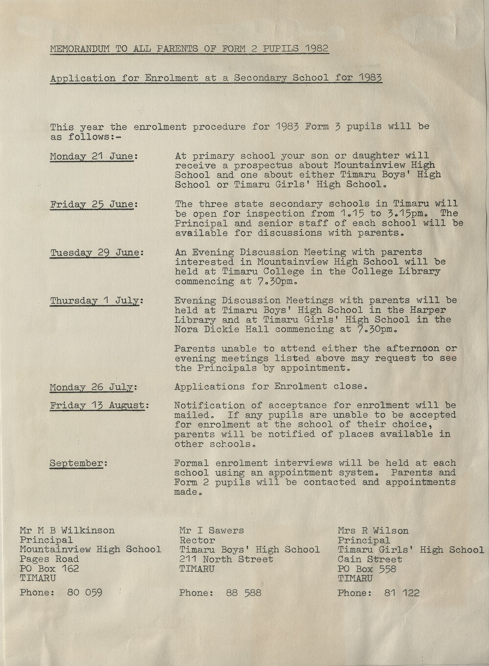 Memorandum to All Parents of Form 2 Pupils 1982