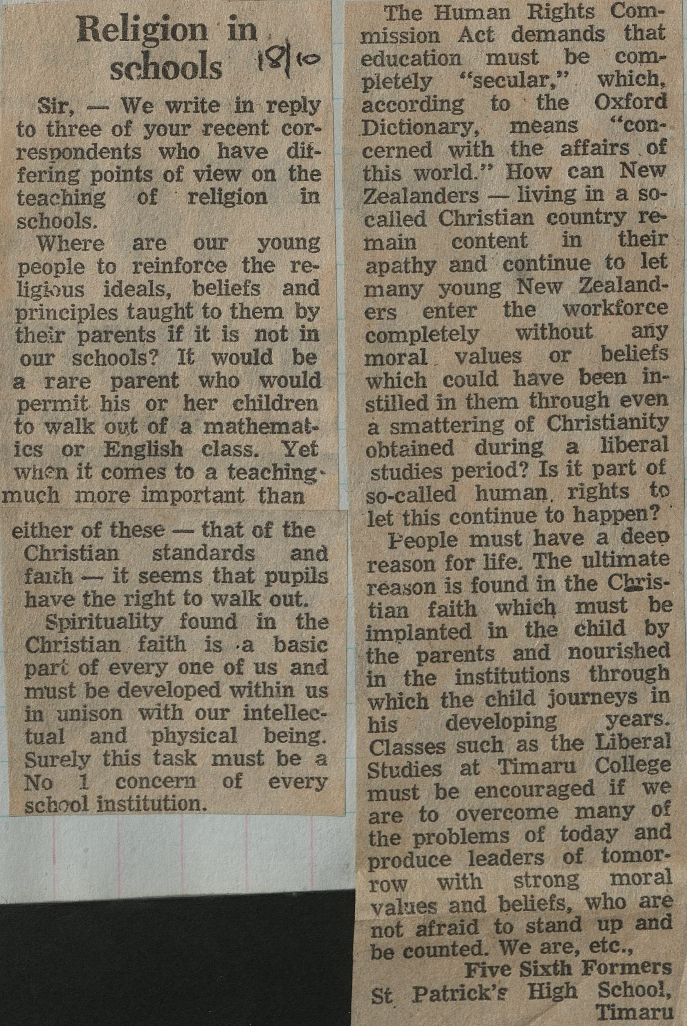 Letter to the Editor: Religion in schools