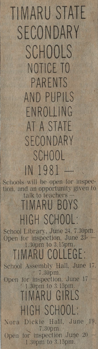 Timaru State Secondary Schools Notice To Parents And Pupils Enrolling At A State Secondary School in 1981
