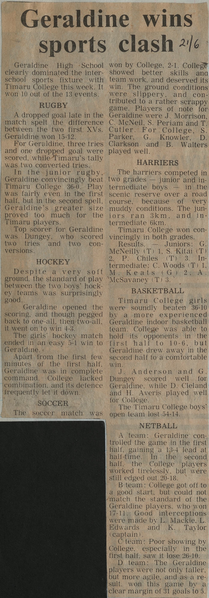 Geraldine wins sports clash