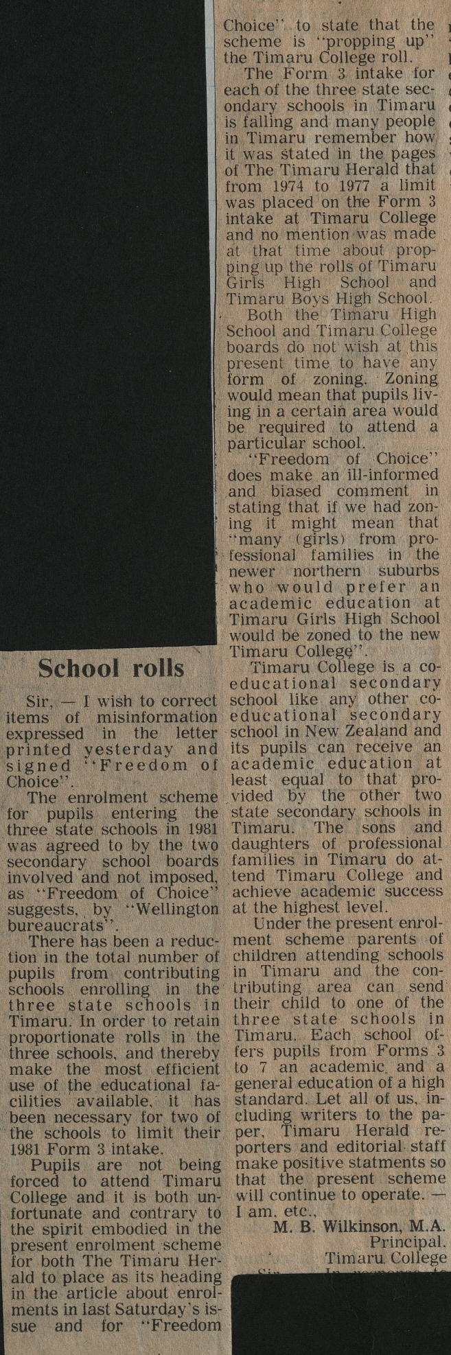 Letter to the Editor: School rolls