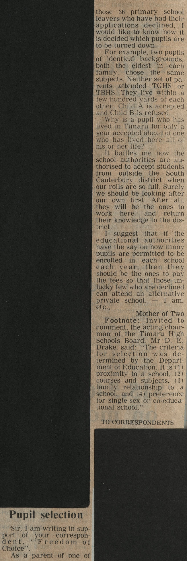 Letter to the Editor: Pupil Selection