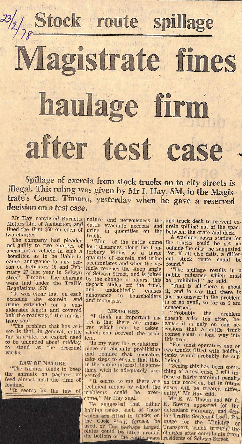Stock route spillage- Magistrate fines haulage firm after test case