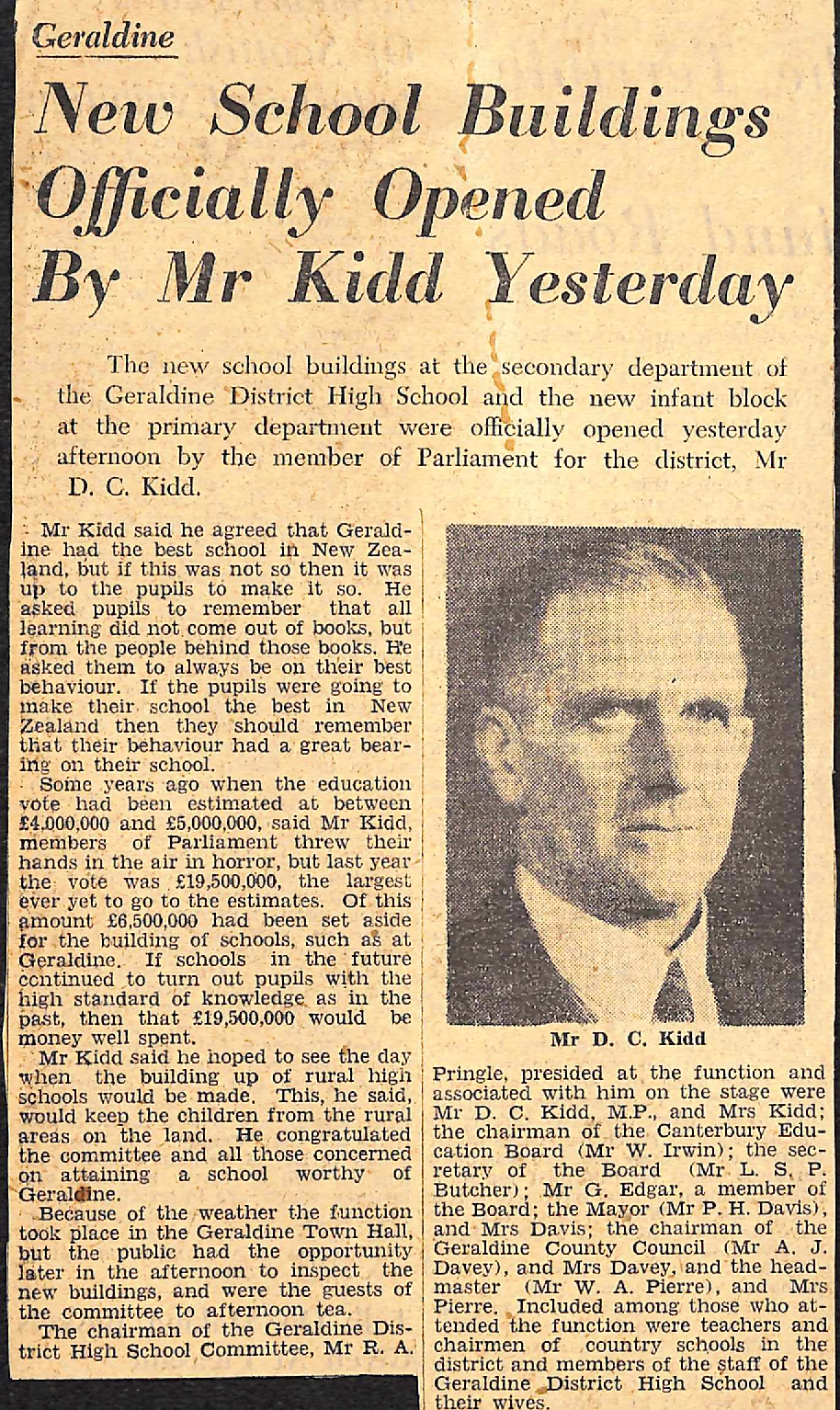 Geraldine: New School Buildings Officially Opened By Mr Kidd Yesterday