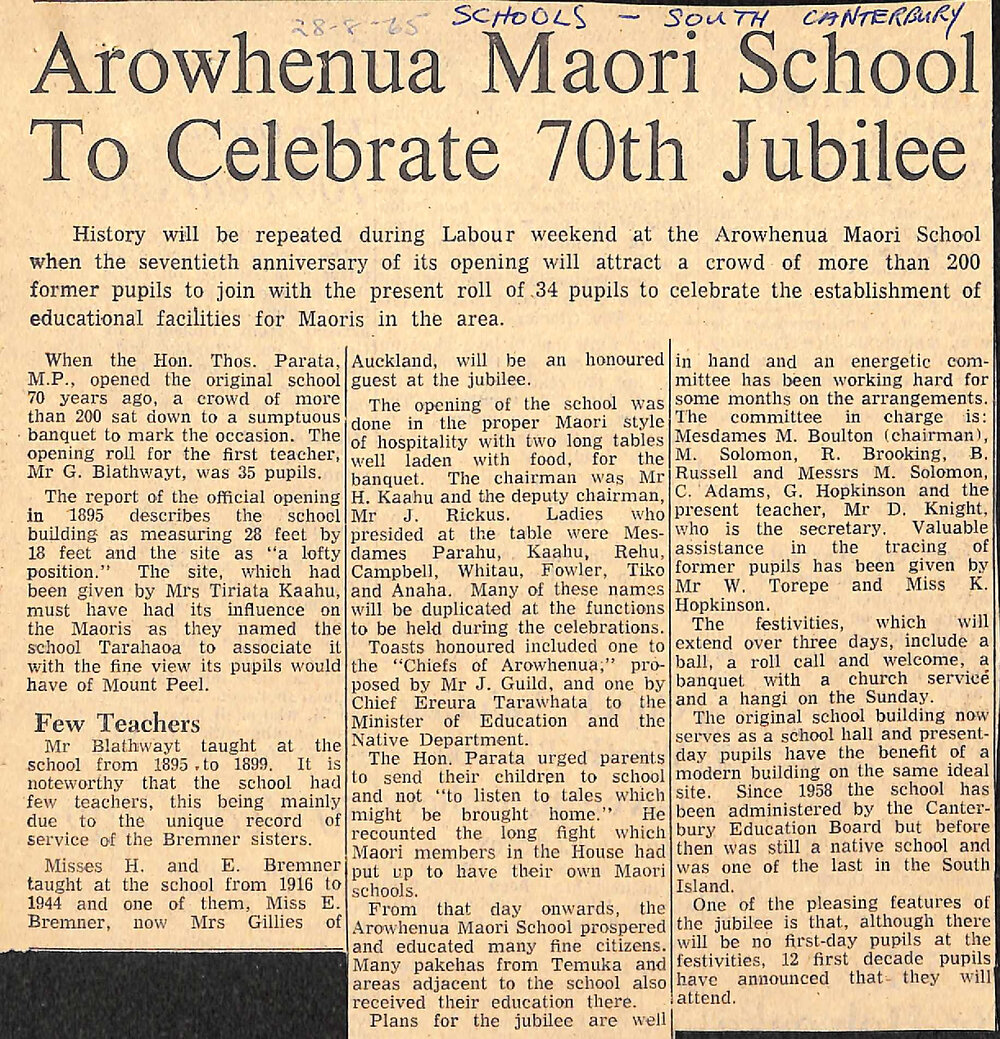 Arowhenua Maori School To Celebrate 70th Jubilee