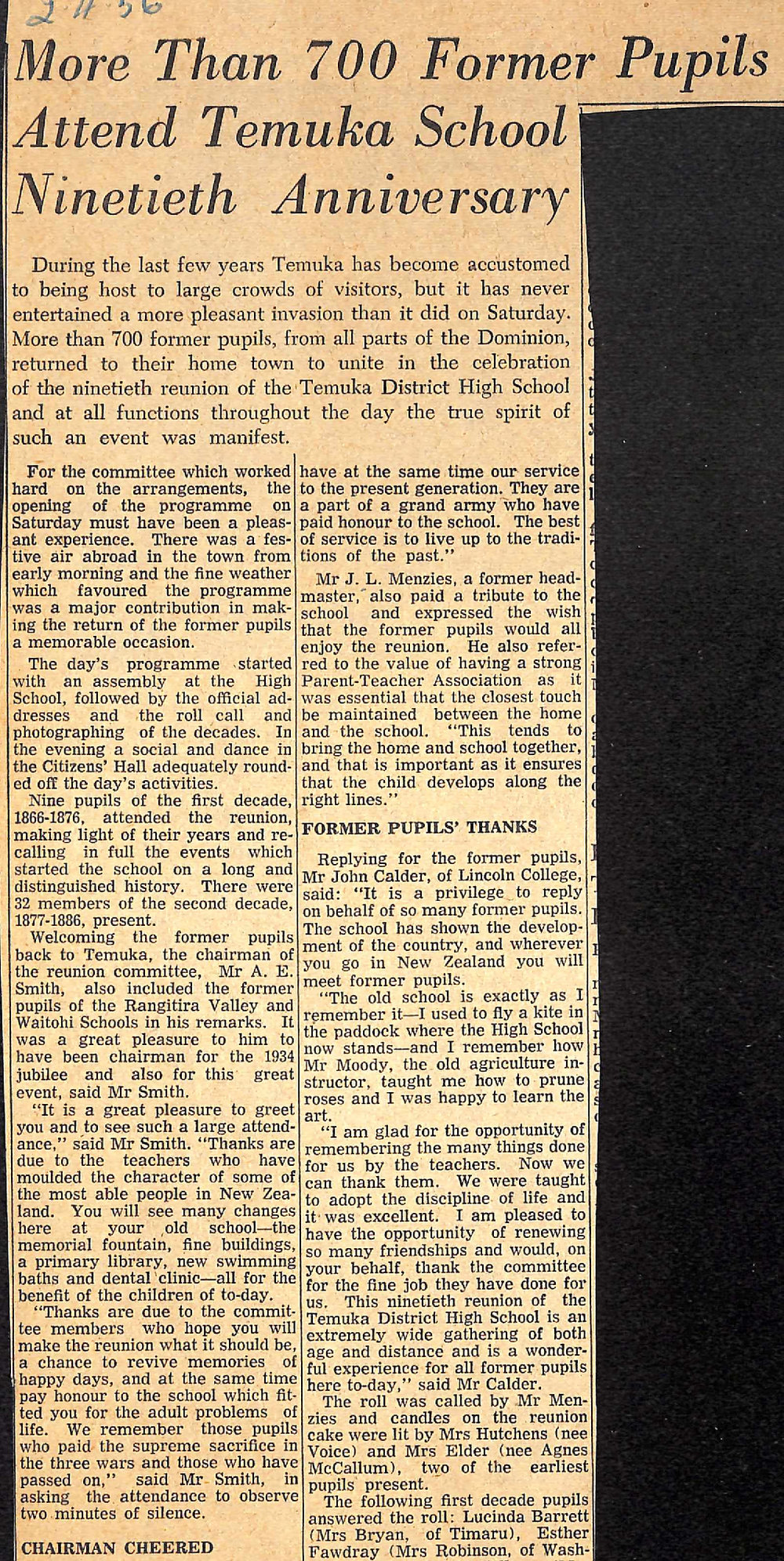 More Than 700 Former Pupils Attend Temuka School Ninetieth Anniversary