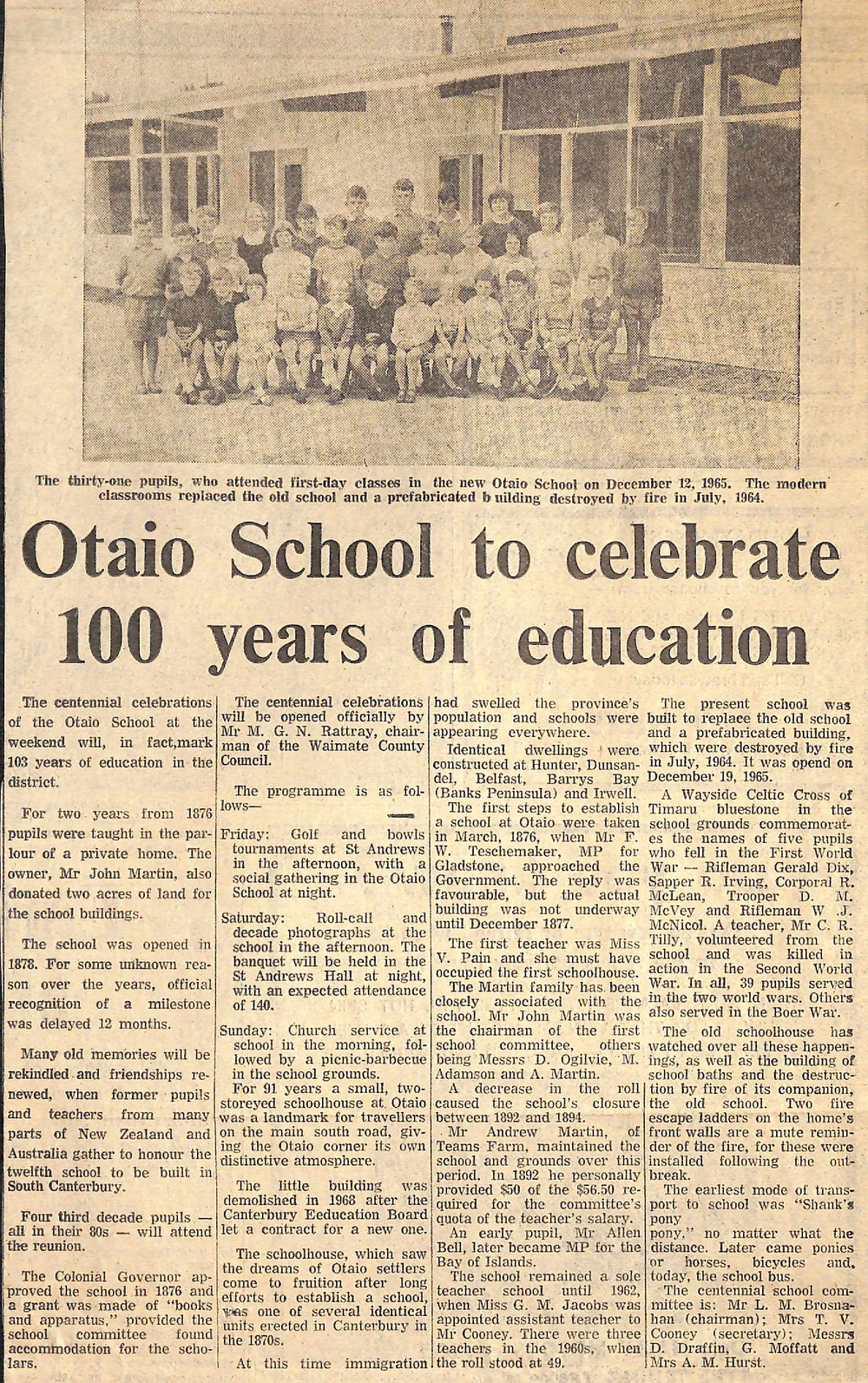 Otaio School to celebrate 100 years of education