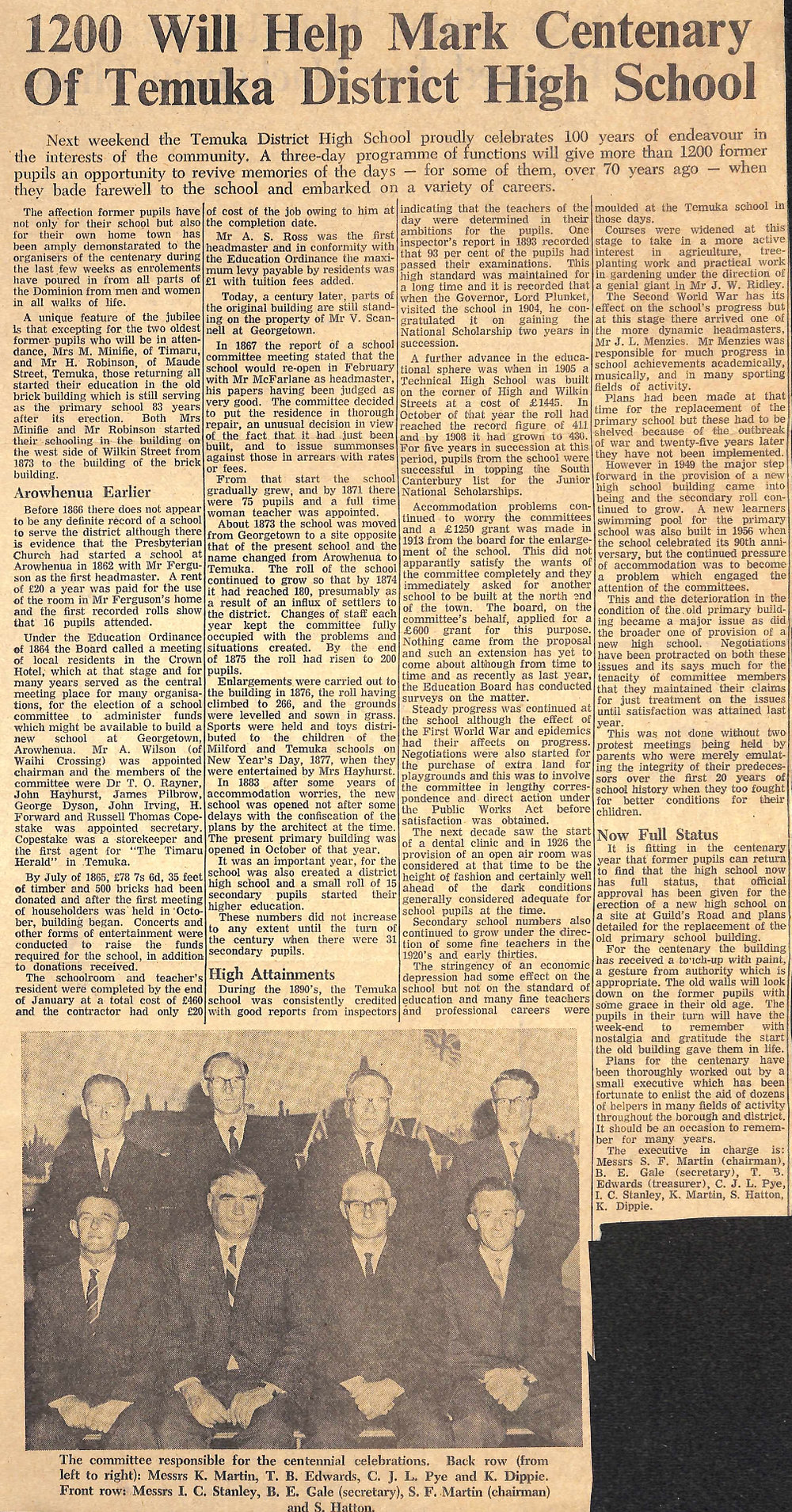 1200 Will Help Mark Centenary Of Temuka District High School