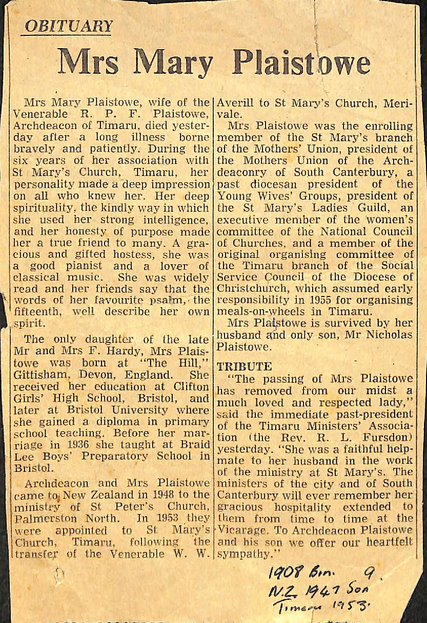 Obituary: Mrs Mary Plaistowe