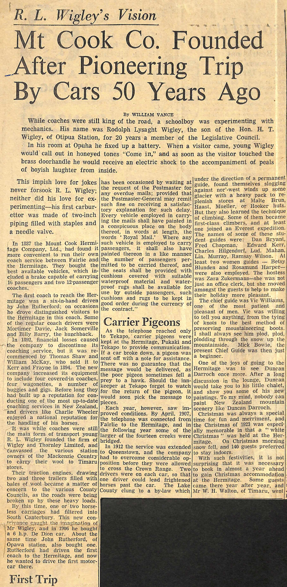 R L Wigley's Vision: Mt Cook Co Founded After Pioneering Trip By Cars 50 Years Ago