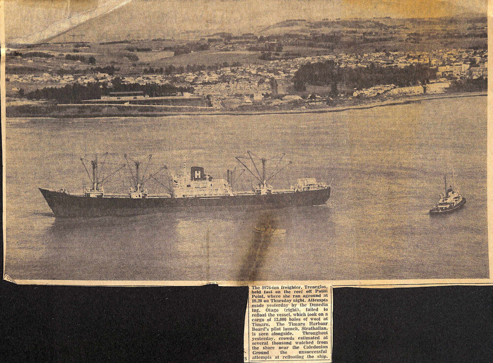 Treneglos freighter held fast on reef off Patiti Point