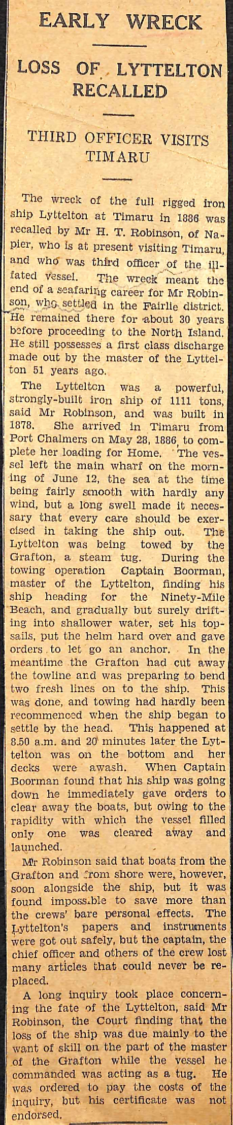 Early Wreck - Loss of Lyttelton Recalled, Third Officer Visits Timaru