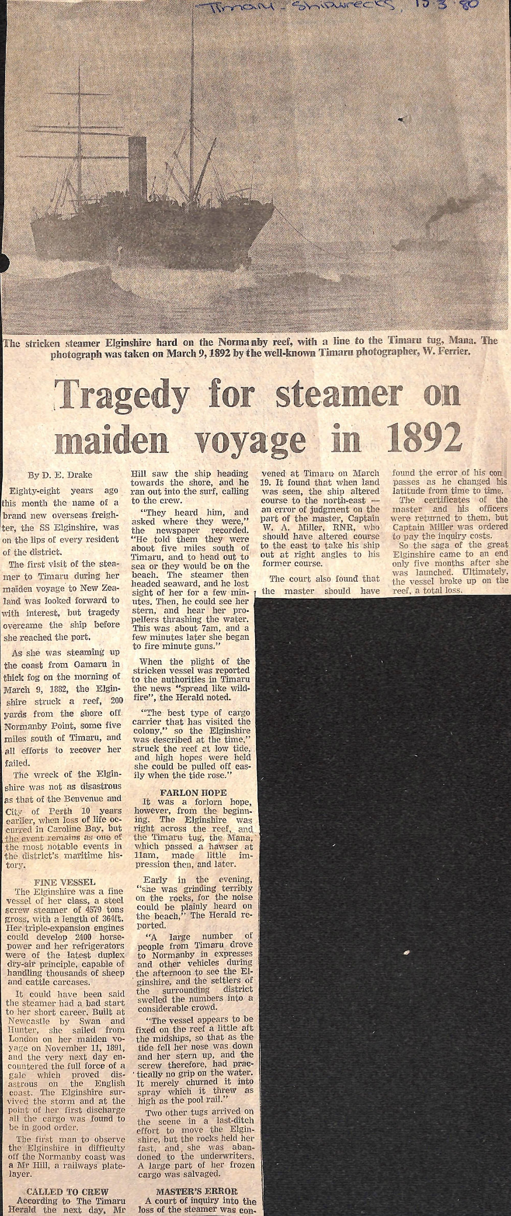 Tragedy for steamer on maiden voyage in 1892