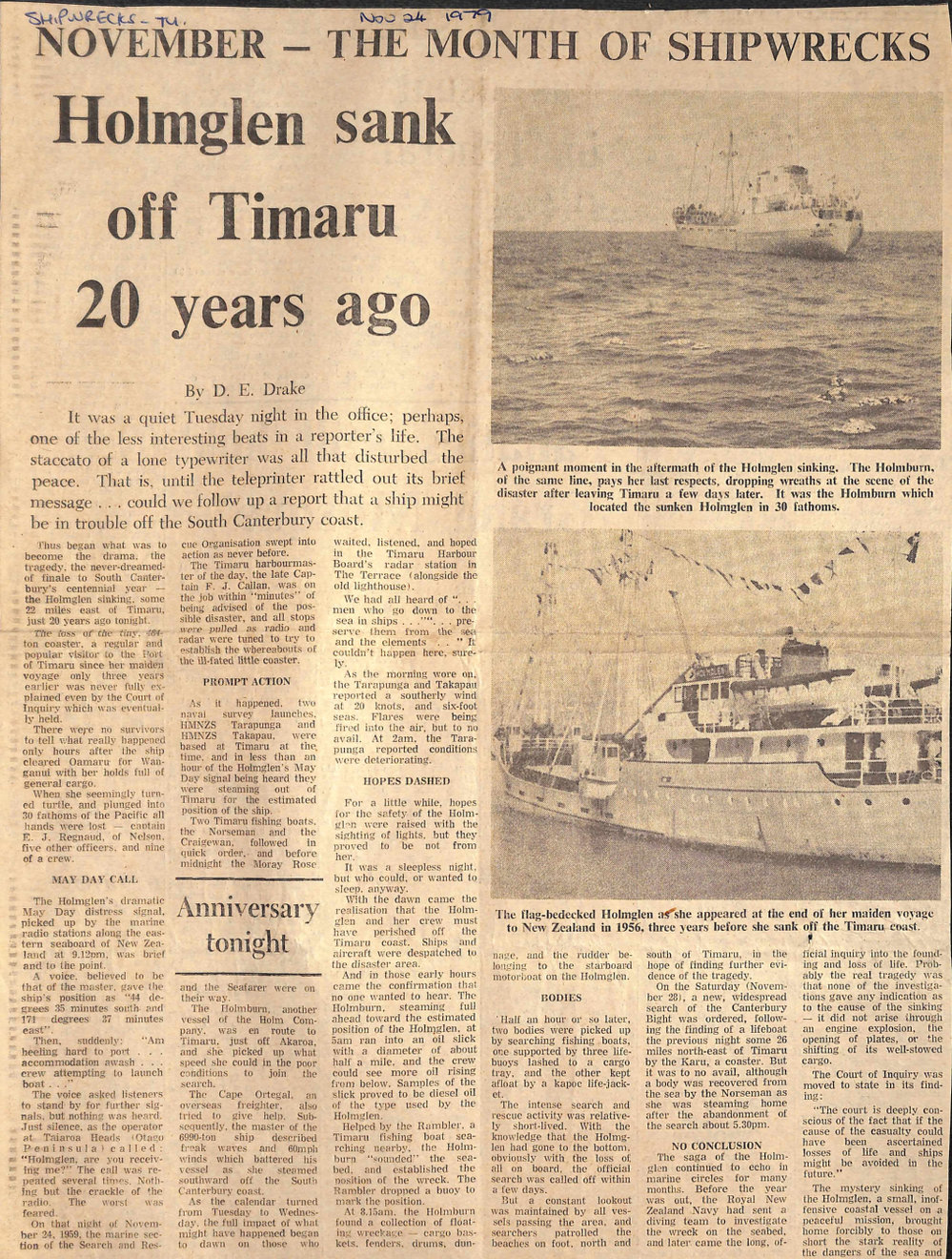 November - The Month of Shipwrecks: Holmglen sank off Timaru 20 years ago / And then the Treneglos