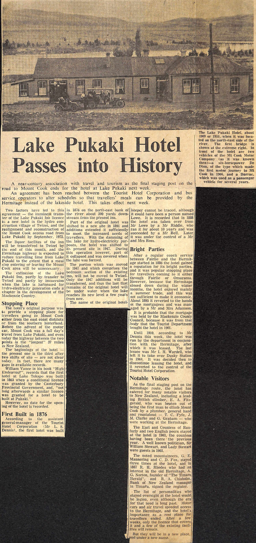 Lake Pukaki Hotel Passes into History