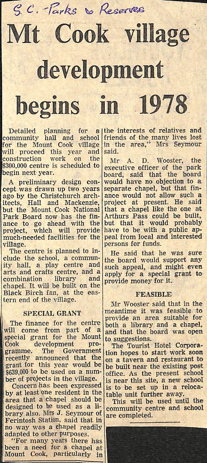 Mt Cook village development begins in 1978