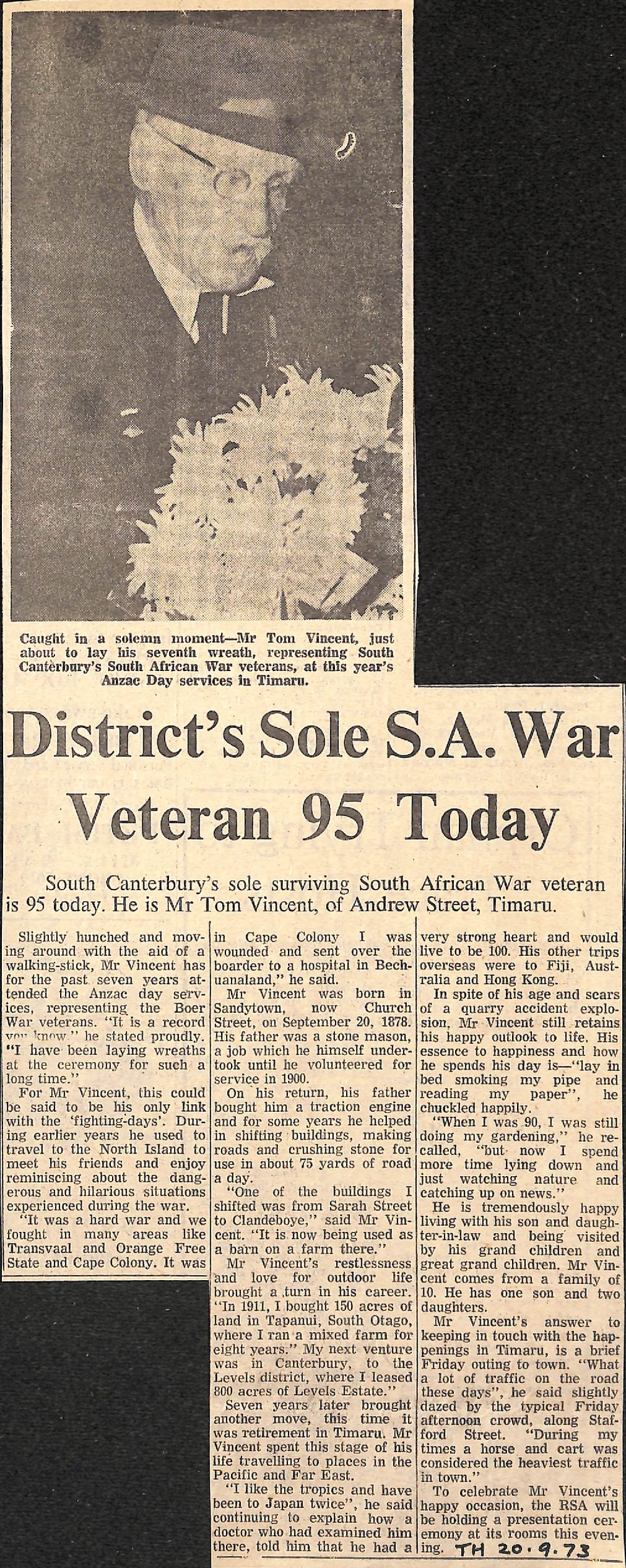 District's Sole SA War Veteran 95 today