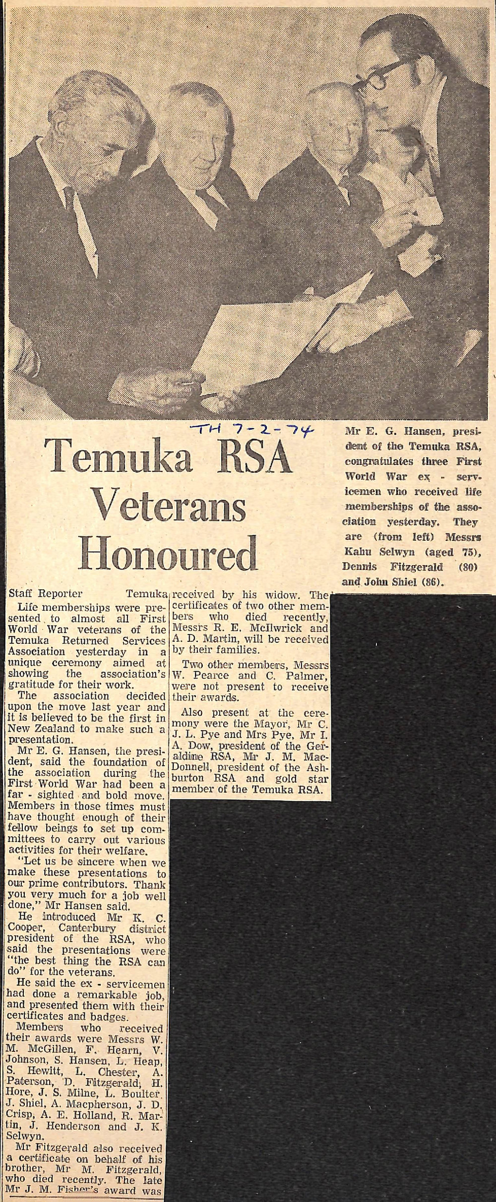 Temuka RSA Veterans Honoured