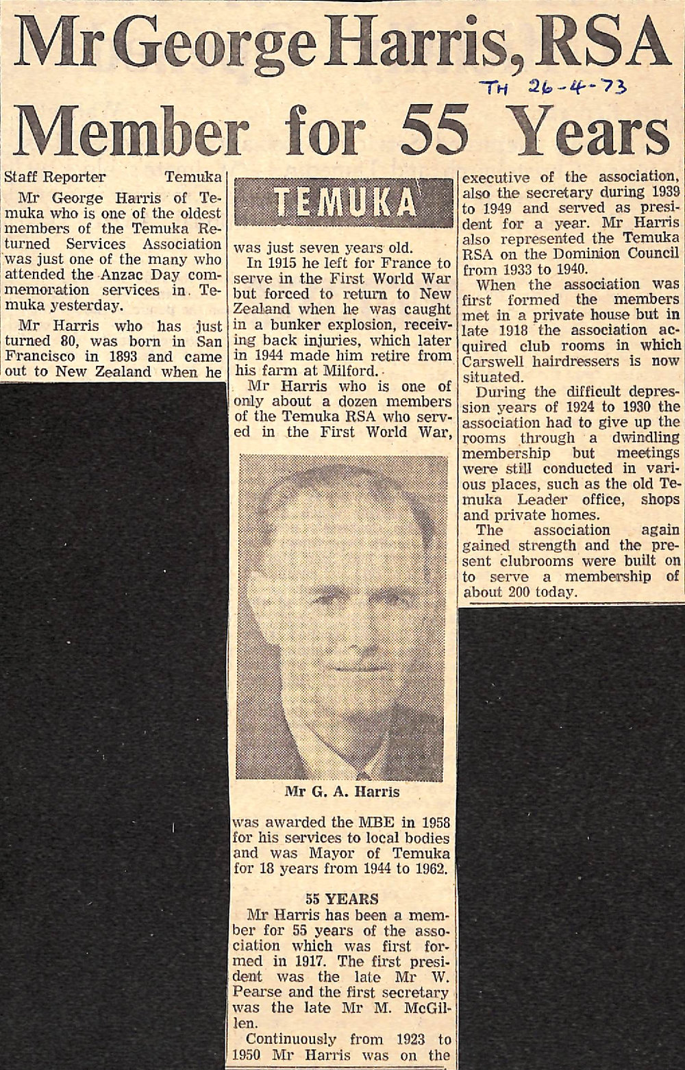 Mr George Harris, RSA Member for 55 Years