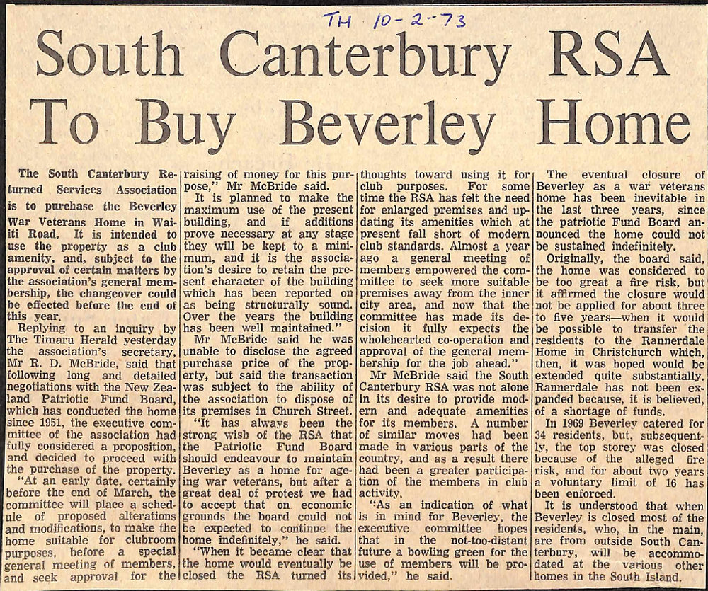 South Canterbury RSA to Buy Beverley House