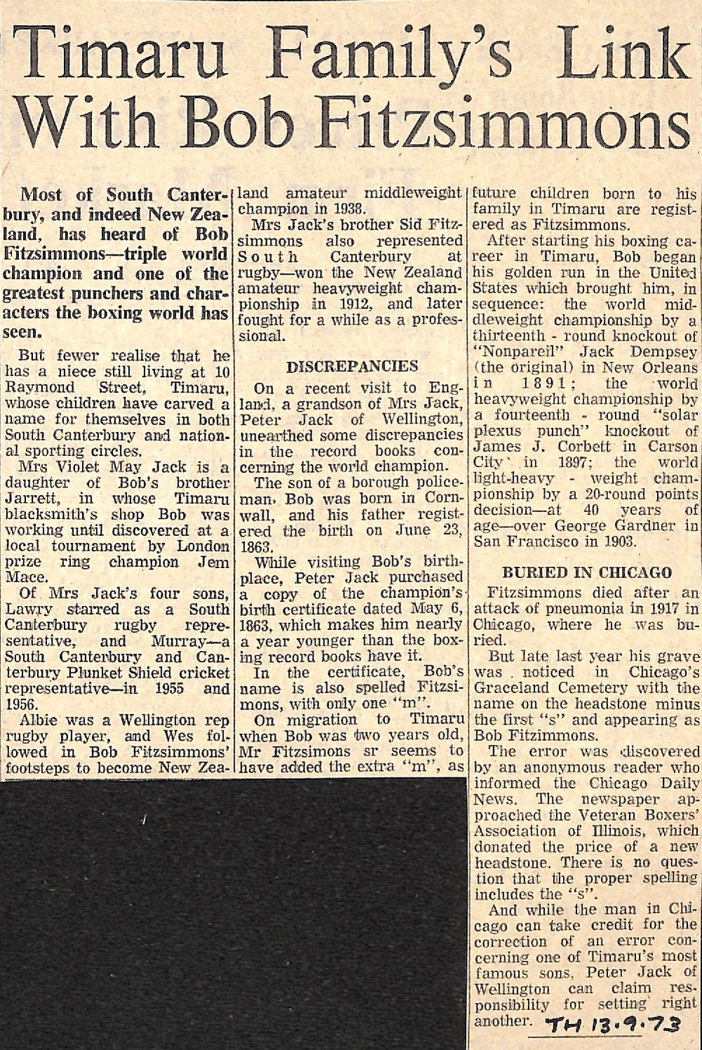 Timaru Family's Link with Bob Fitzsimmons