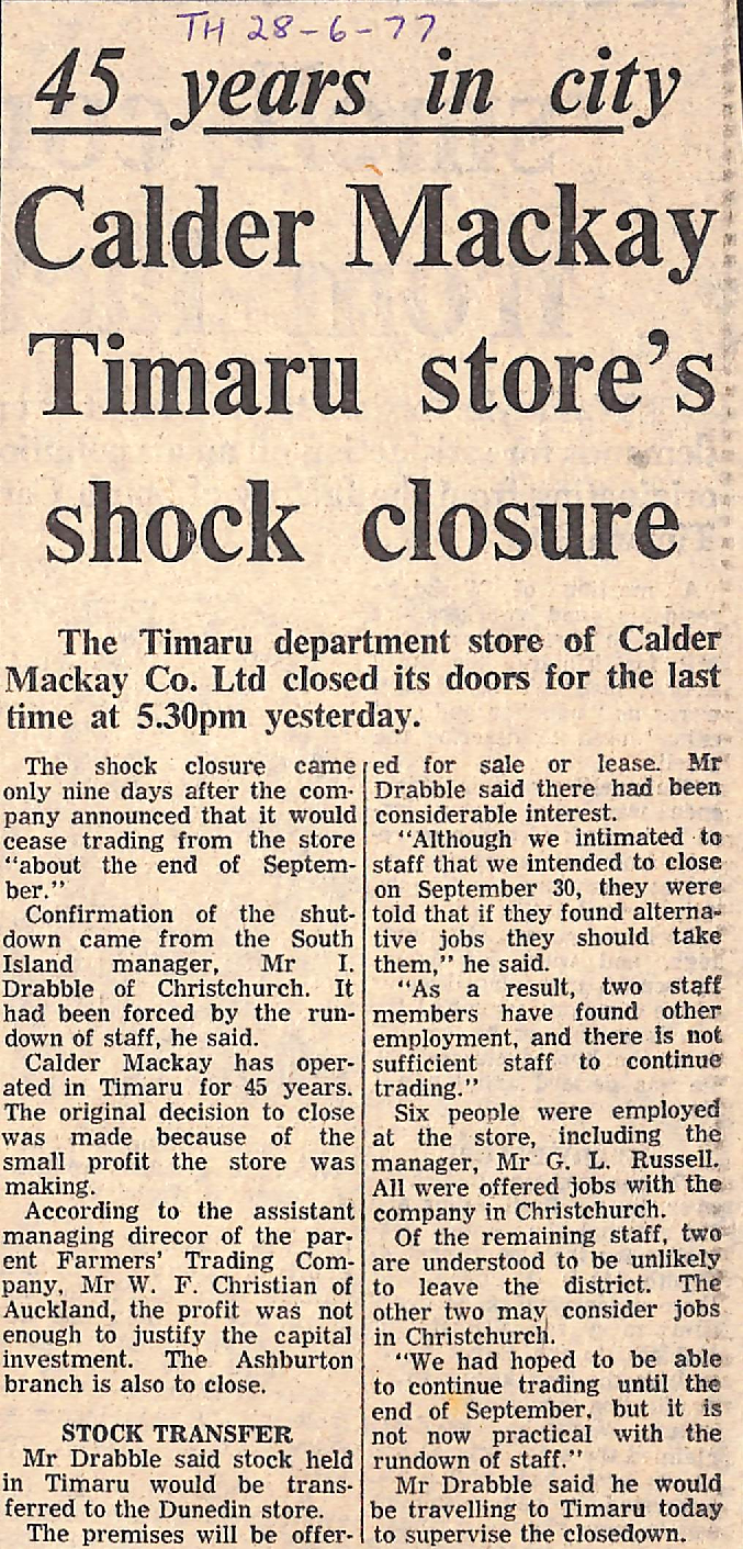 45 years in city: Calder Mackay Timaru store's shock closure