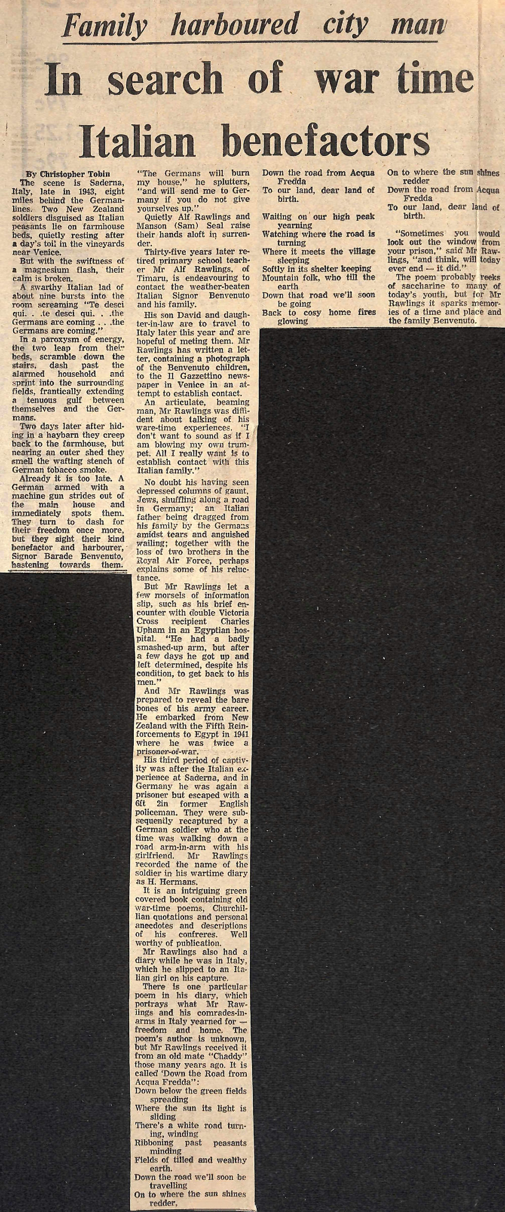 Family harboured city man: In search of war time Italian benefactors